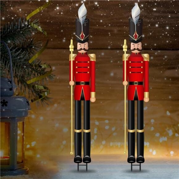 2 Pcs Large Metal Christmas Nutcracker Yard Sign with Stakes 45 Inch Xmas Decor